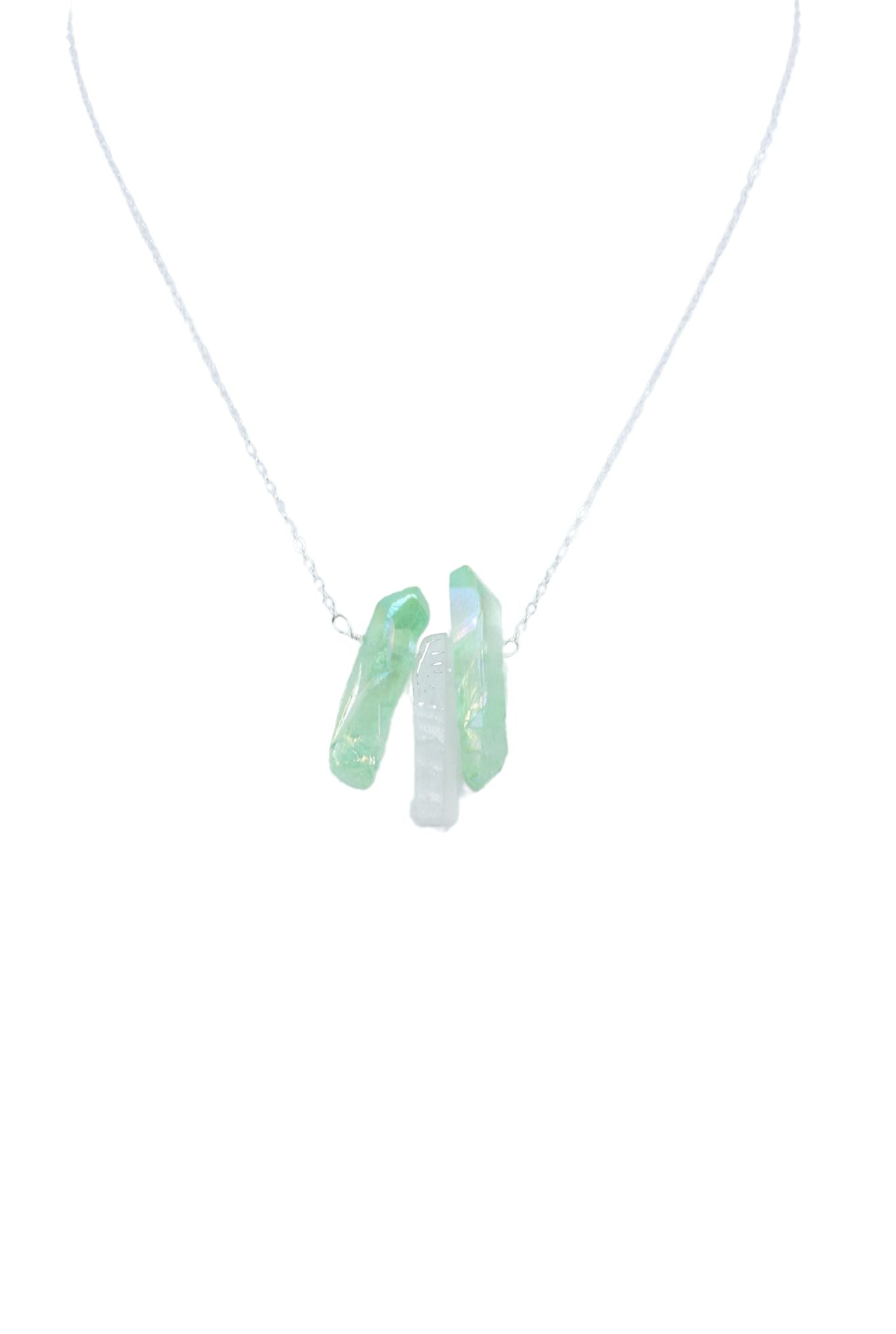 Silver Necklace with Green and White Titanium Quartz