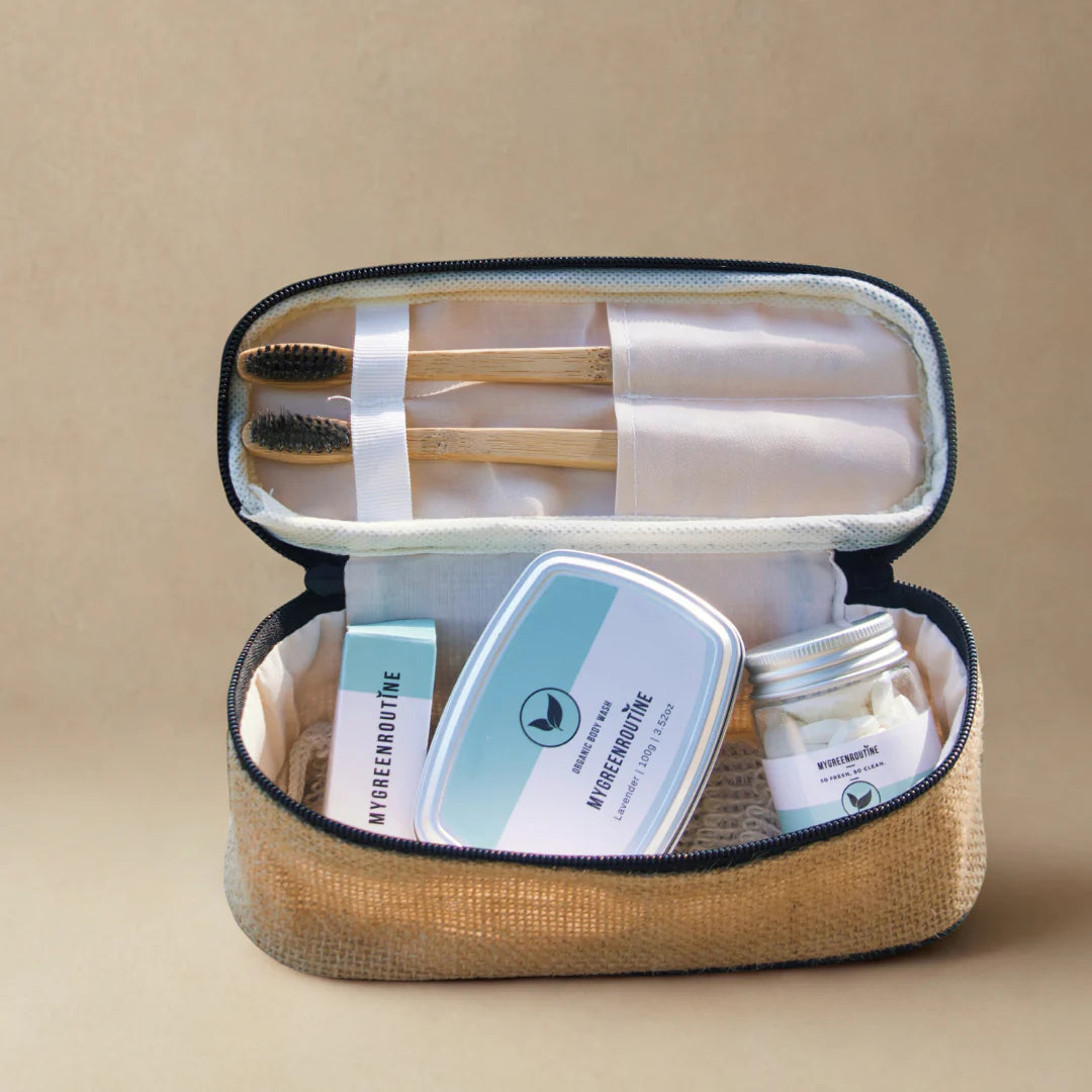 Sustainable Travel Kit with Bamboo Toothbrush, Toothpaste Tablets and Natural Body Bar
