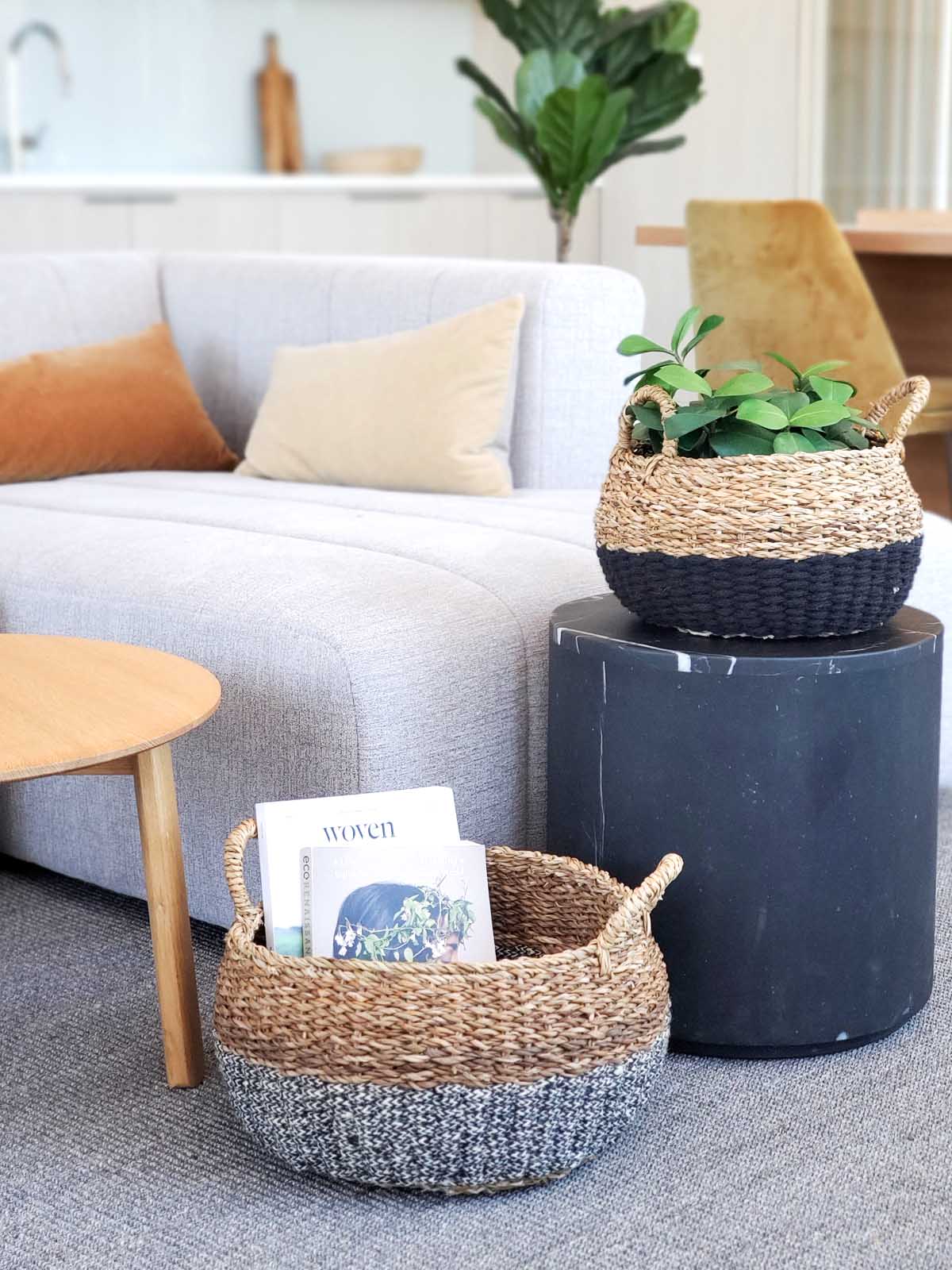 Black Floor Basket with Natural Jute and Seagrass