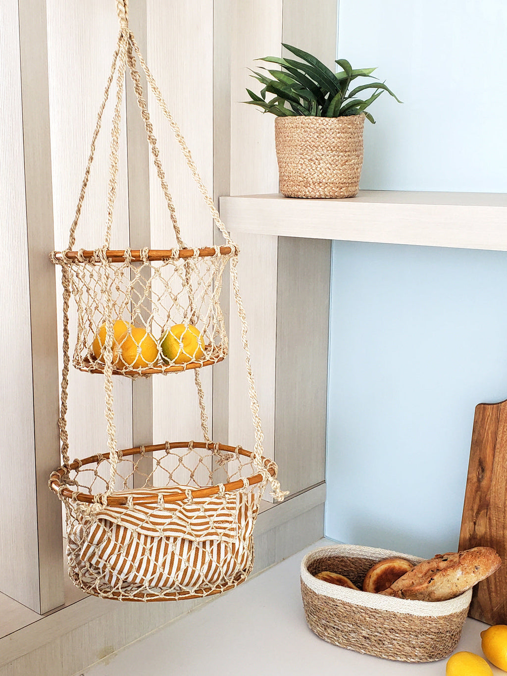 Double Hanging Basket in Natural Jute and Wood