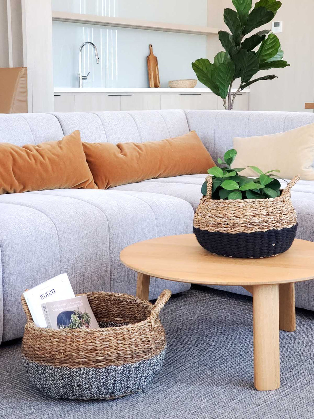Black Floor Basket with Natural Jute and Seagrass