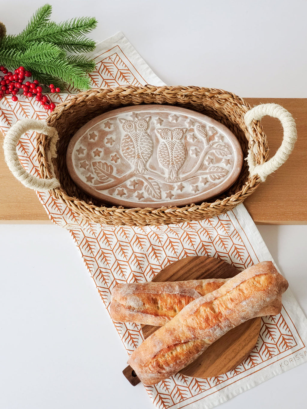 Owl Bread Warmer and Seagrass Basket Set
