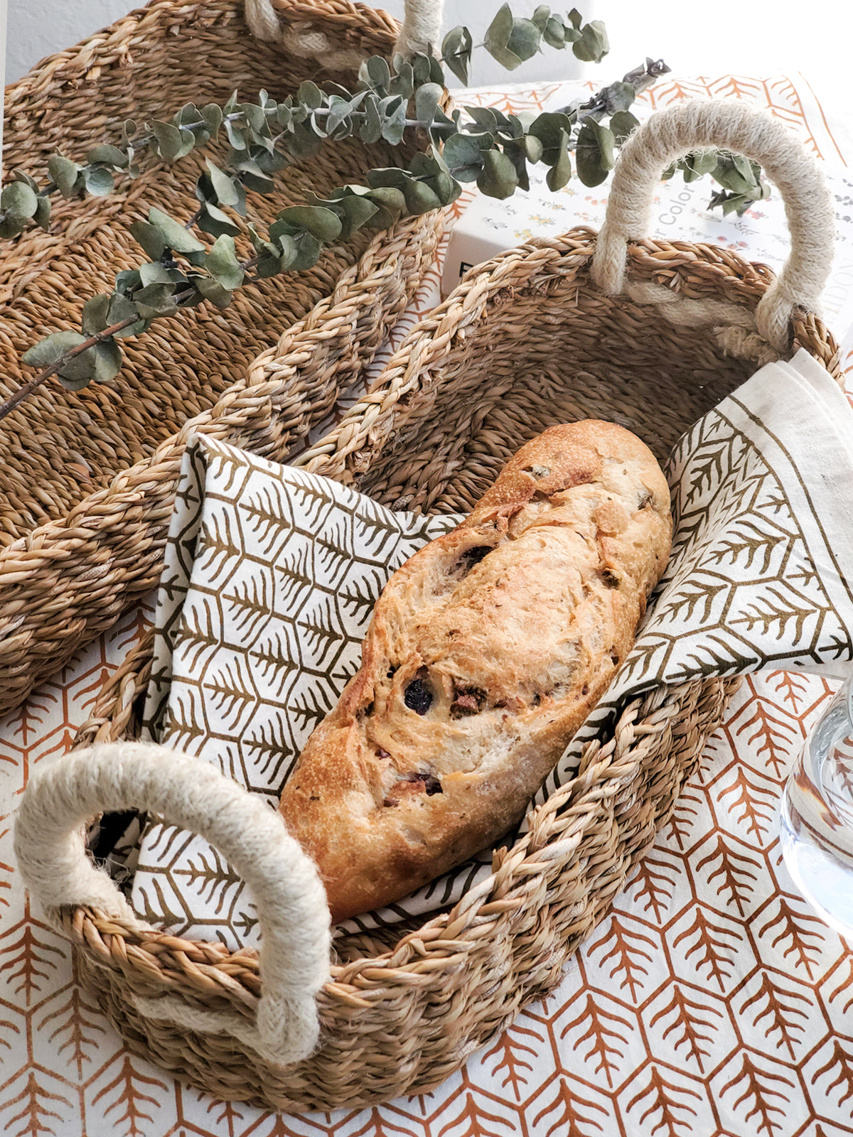 Seagrass Bread Basket with White Handle