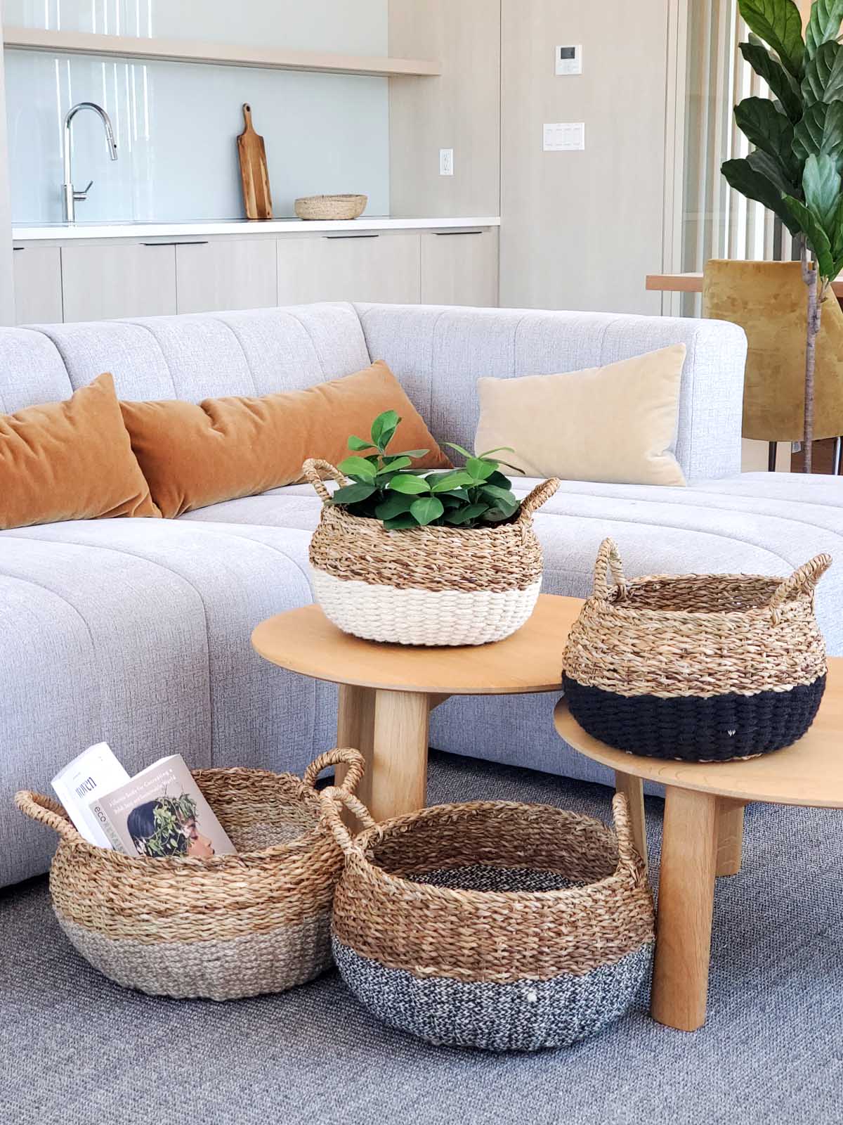Black Floor Basket with Natural Jute and Seagrass
