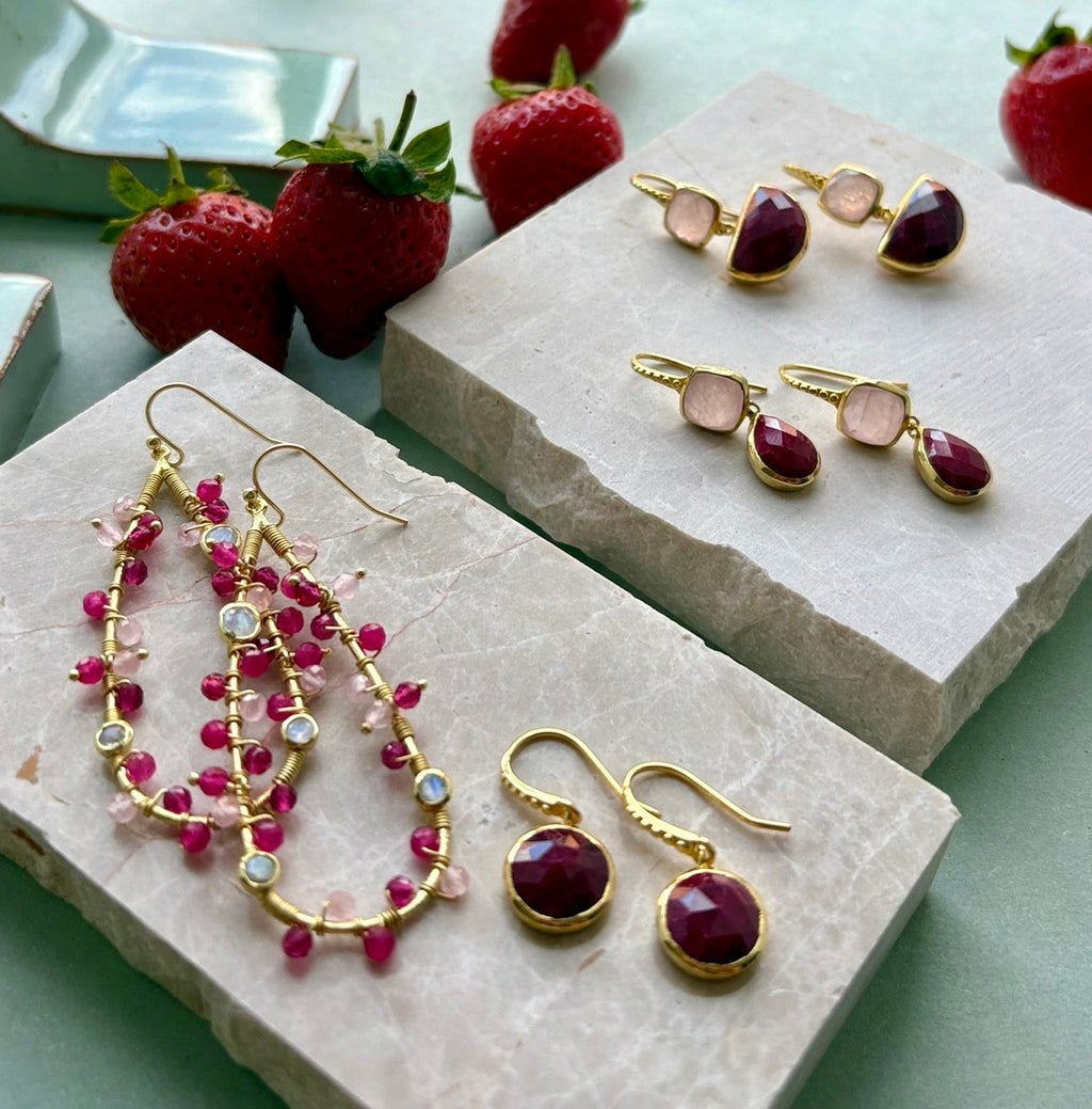 Hydra Large Teardrop Wire-Wrapped Gemstone Earrings Moonstone, Rose Quartz, Pink Jade and Pink Tourmaline