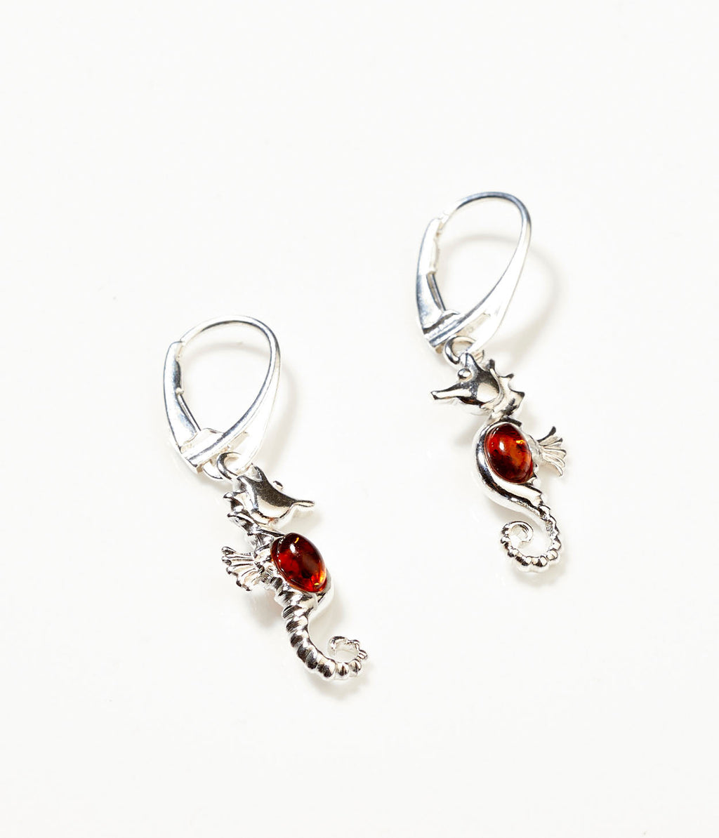 Amber Seahorse Drop Earrings in Sterling Silver
