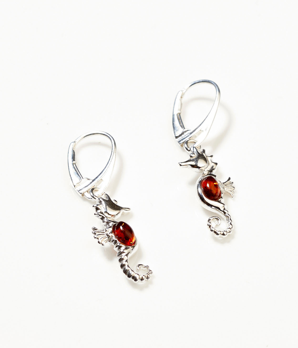 Amber Seahorse Drop Earrings in Sterling Silver
