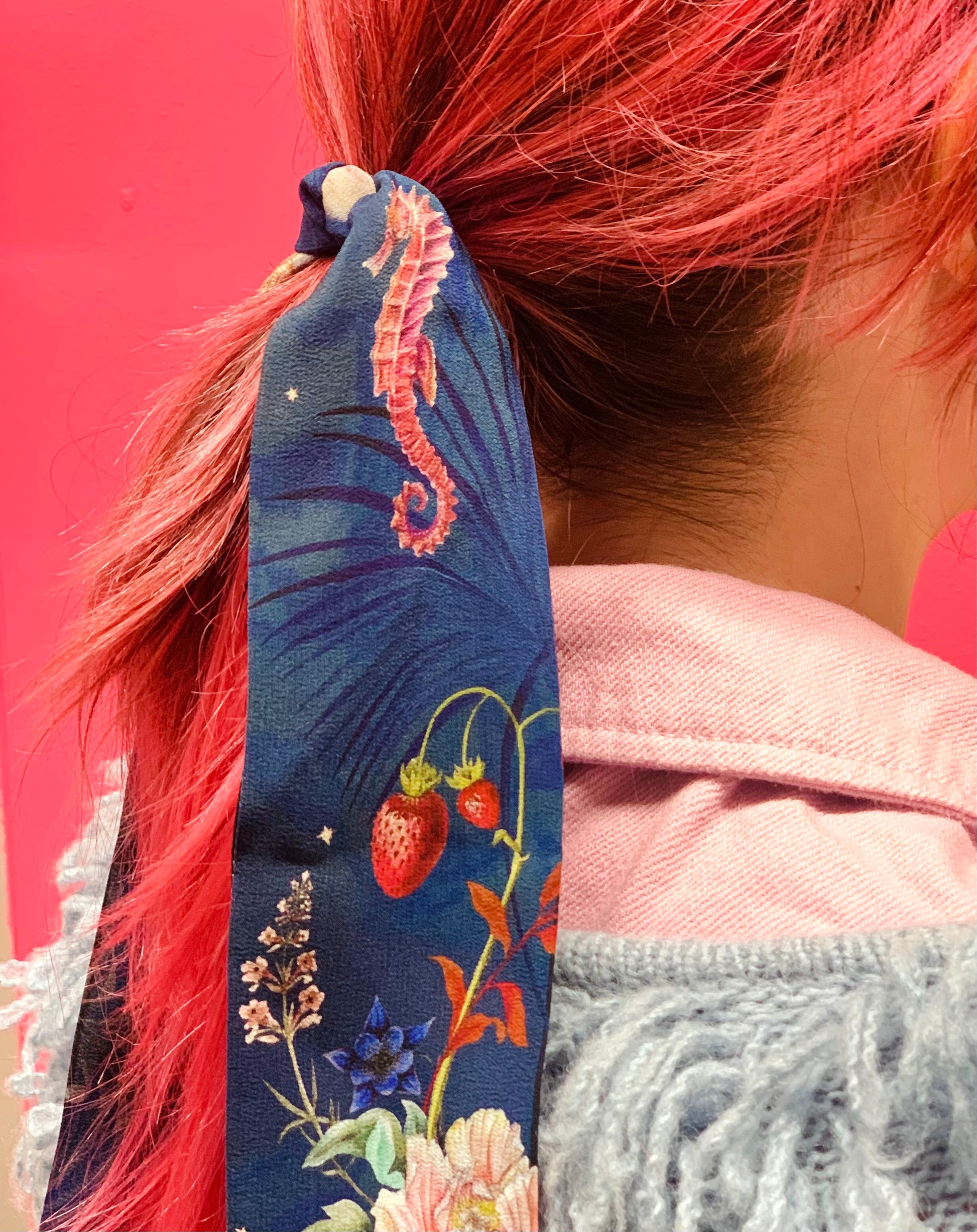 Navy Skinny Silk Scarf in Wondrous Botanical Print