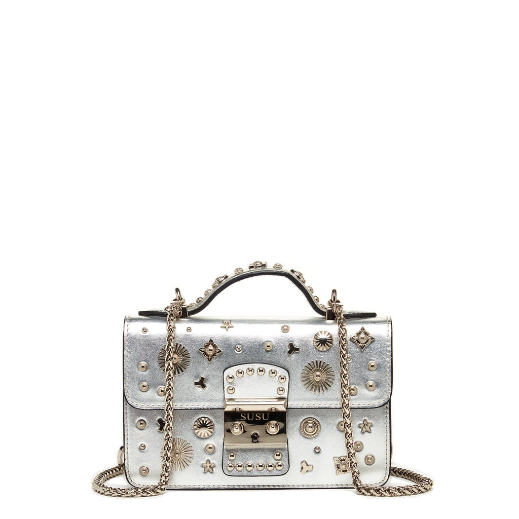 Small Studded Silver Leather Crossbody Bag