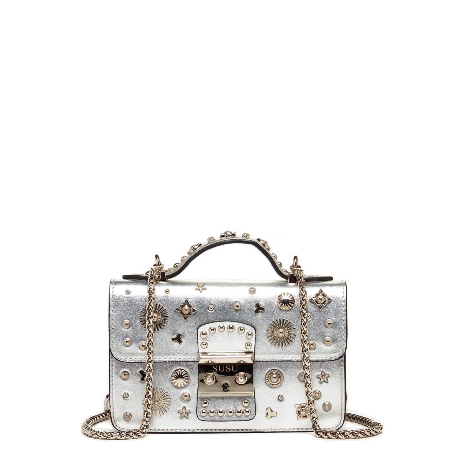 Small Studded Silver Leather Crossbody Bag