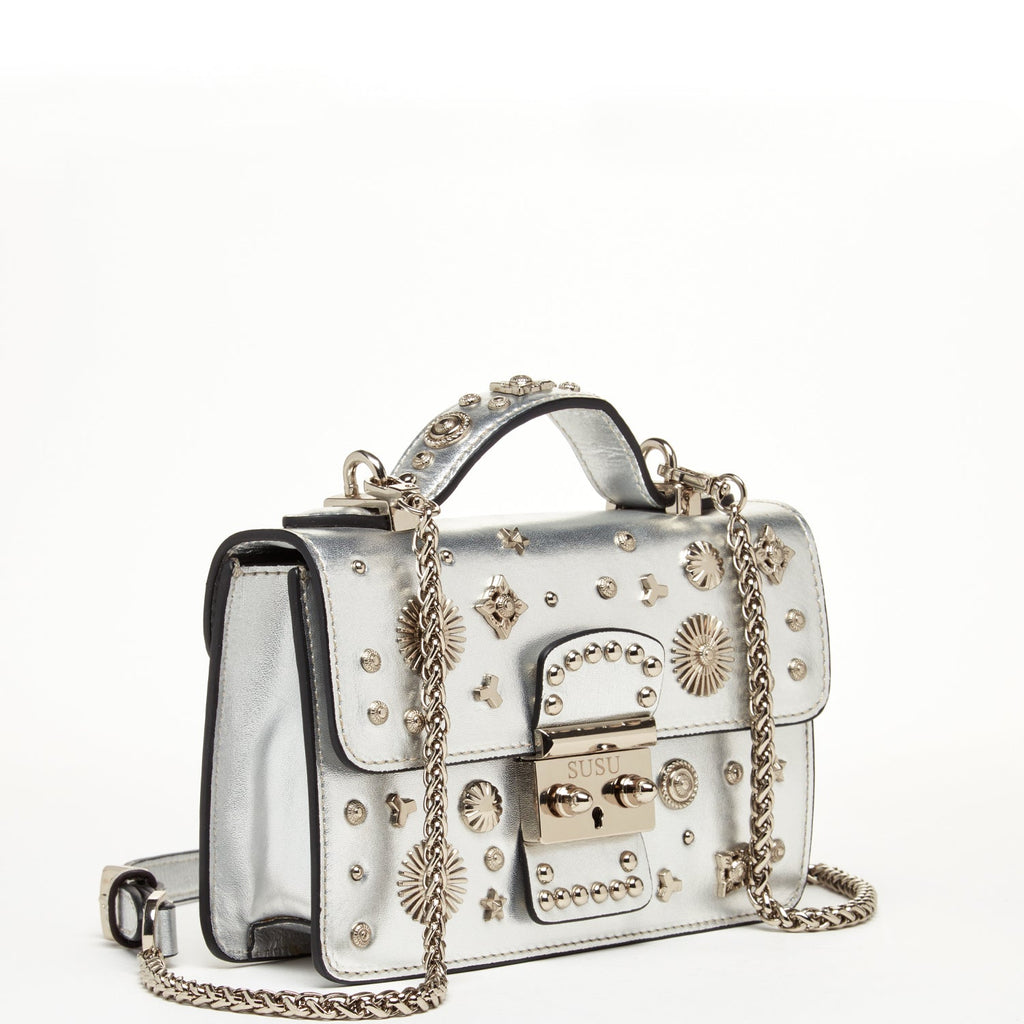 Small Studded Silver Leather Crossbody Bag