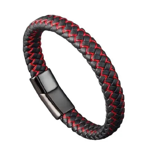 Simple Red & Black Leather Mens Bracelet