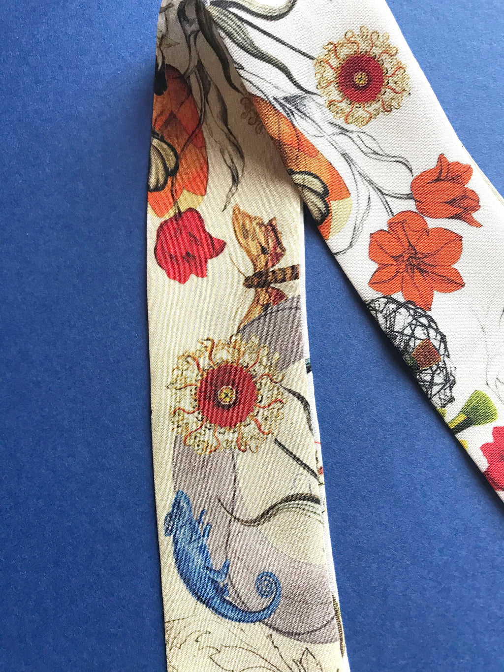Cream Skinny Silk Scarf in Botanical Evolution Print