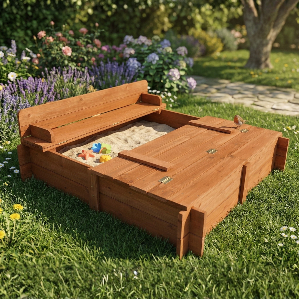96cm Square Wooden Sandpit with Integrated Folding Lid