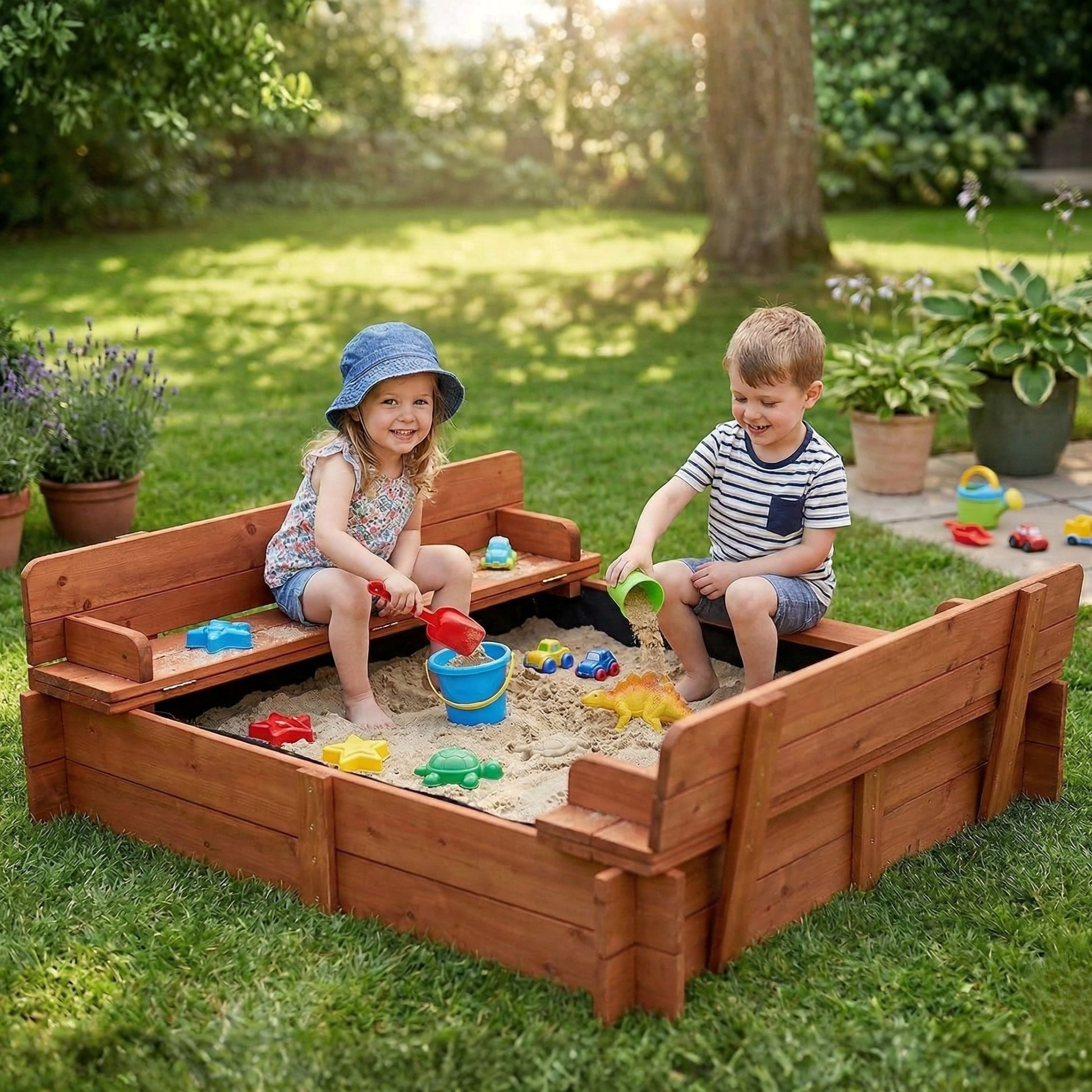 96cm Square Wooden Sandpit with Integrated Folding Lid