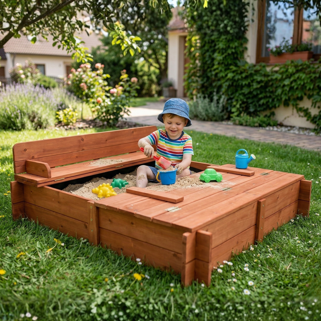 96cm Square Wooden Sandpit with Integrated Folding Lid