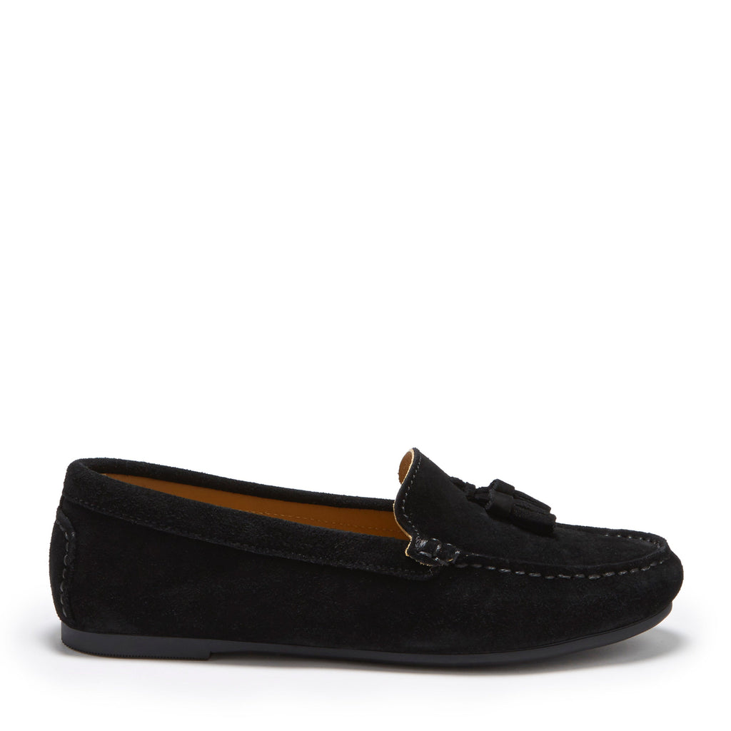 Women's Black Suede Tasselled Driving Loafers with Rubber Sole