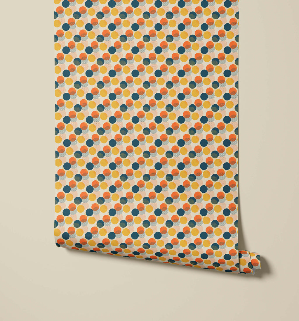Mid Century Circle Wallpaper in Yellow Orange and Navy