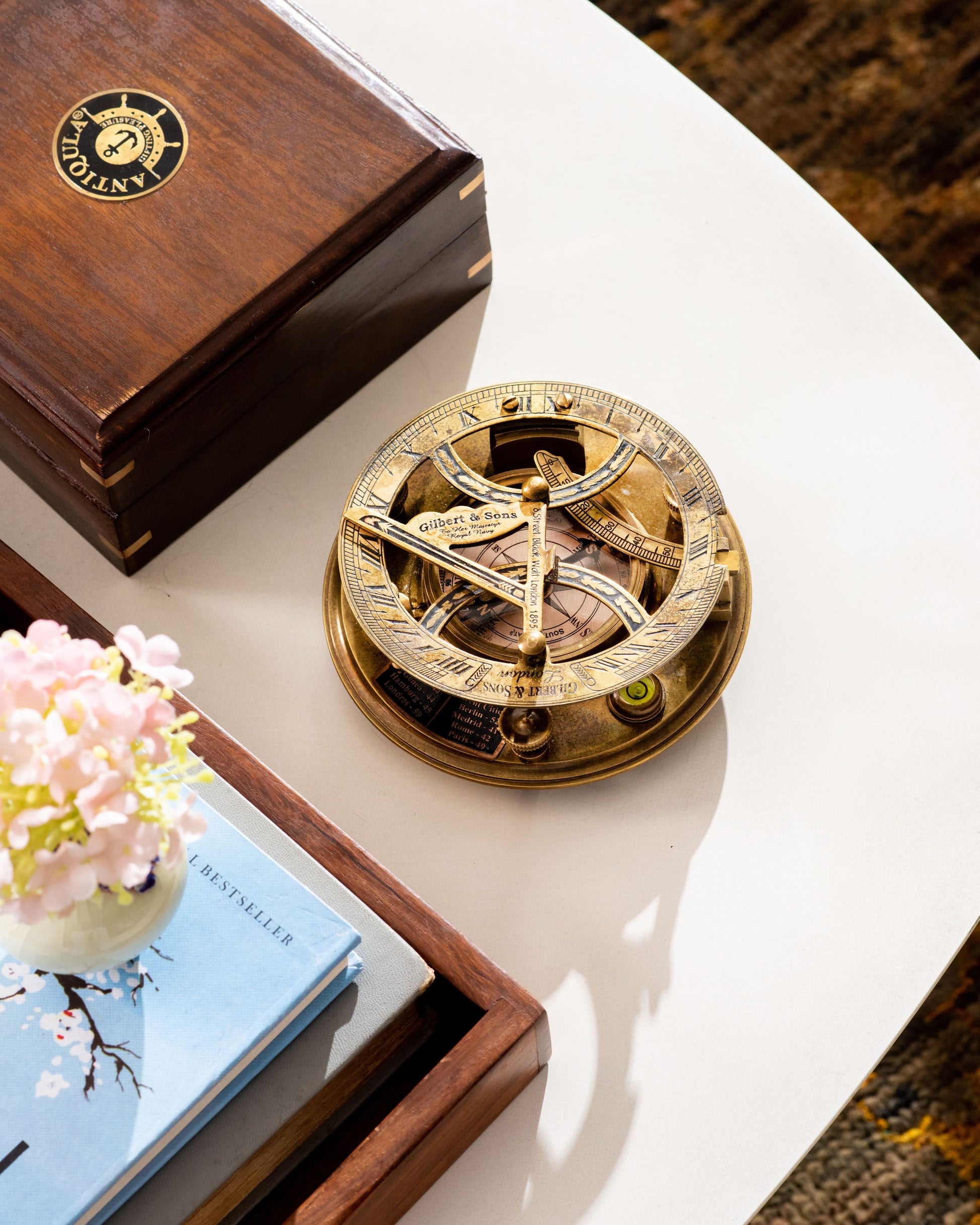 Brass Sundial Compass with Rosewood Box