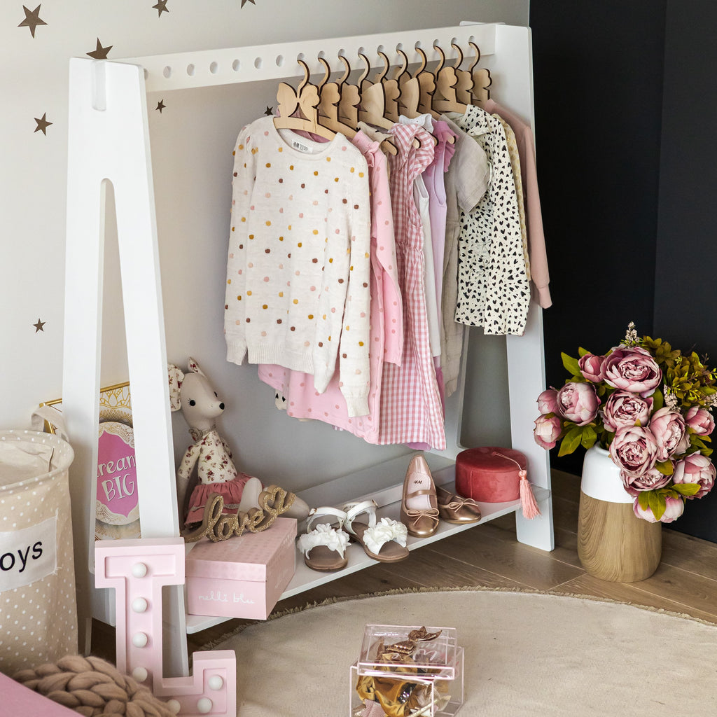 Stylish Toddler Dress Up Rack – Montessori Inspired Organizer by Montessori House Bed at www.brixbailey.com