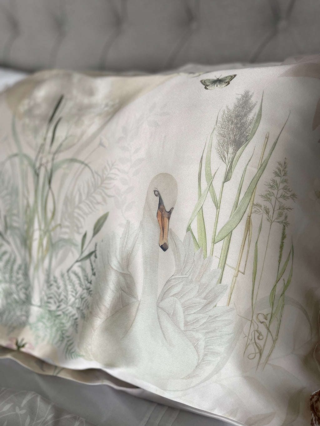 Cream Silk Pillowcase with Hand Painted Graceful Print Standard Oxford