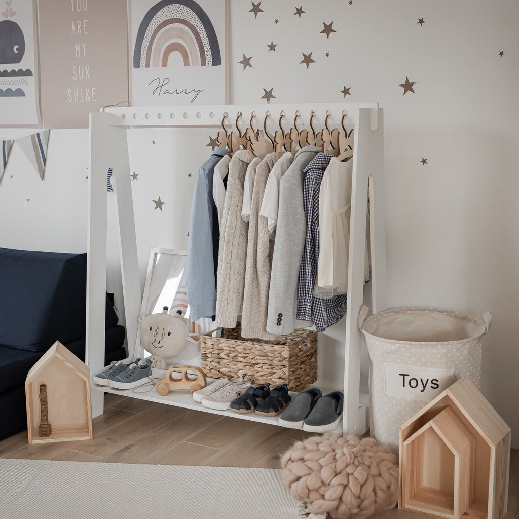 Stylish Toddler Dress Up Rack – Montessori-Inspired Organizer by Montessori House Bed at www.brixbailey.com