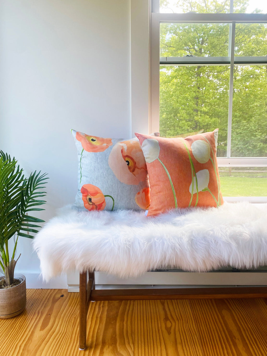 Cream Flowers on Orange Reversible Throw Pillow 18 inch