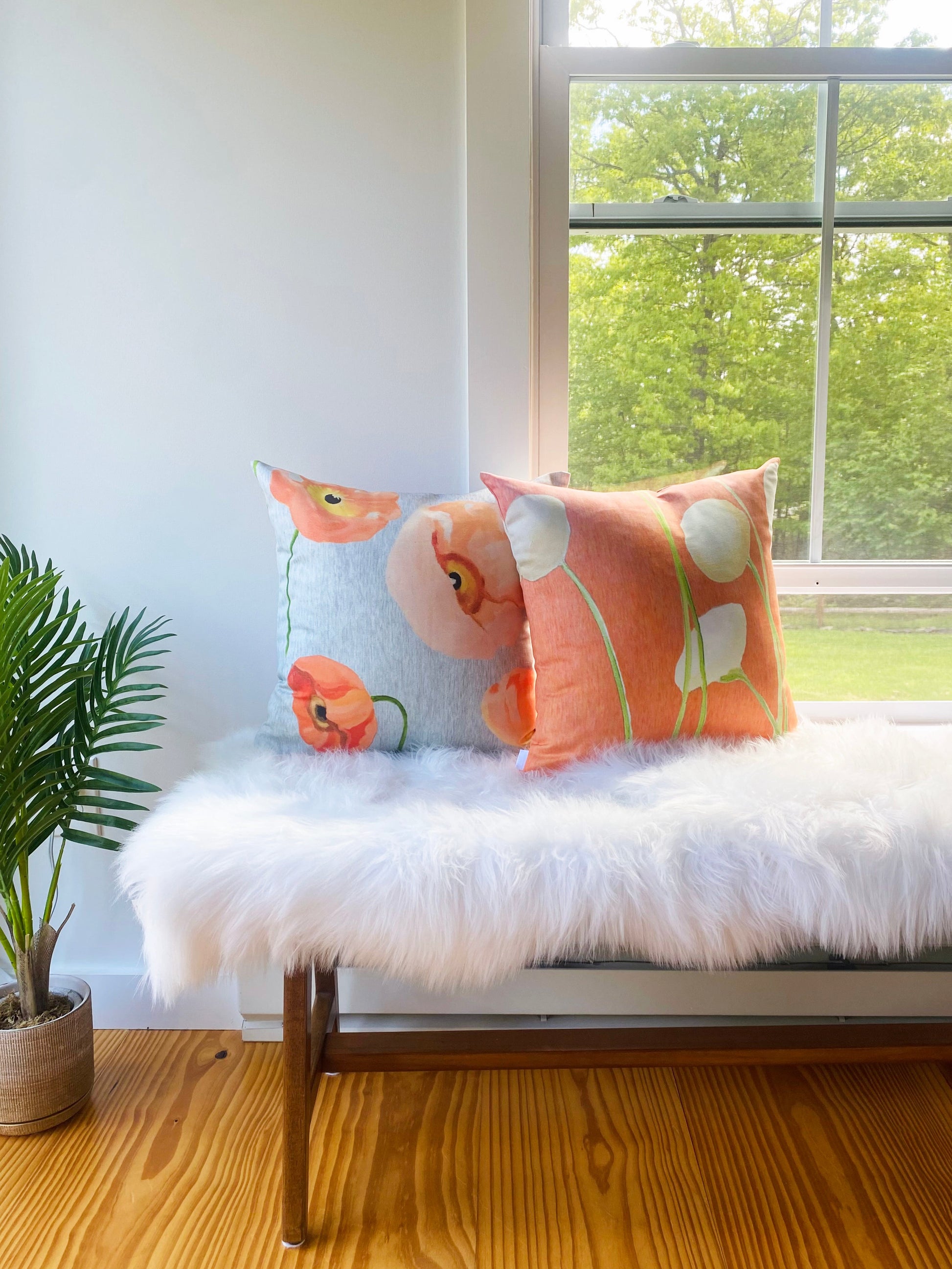 Cream Flowers on Orange Reversible Throw Pillow 18 inch