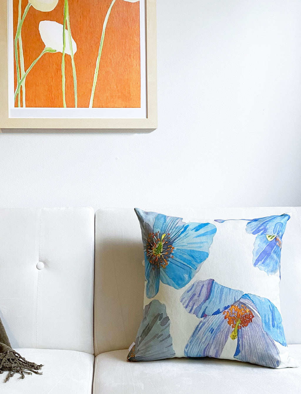 Himalayan Blue Poppies Throw Pillow in Ecru