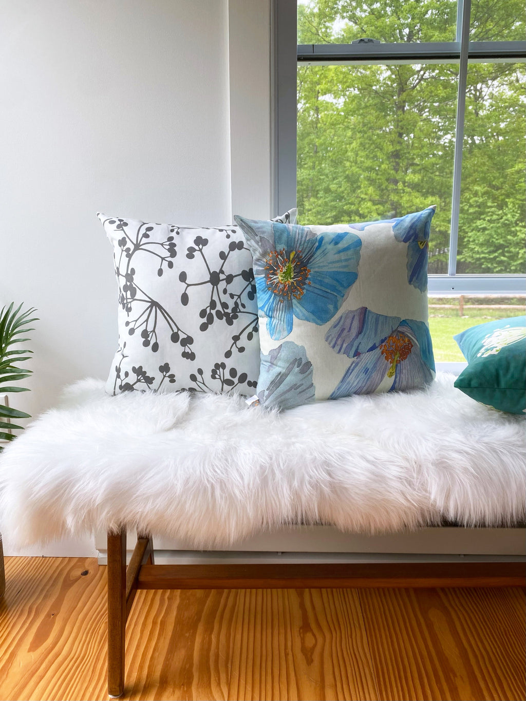 Himalayan Blue Poppies Throw Pillow in Ecru