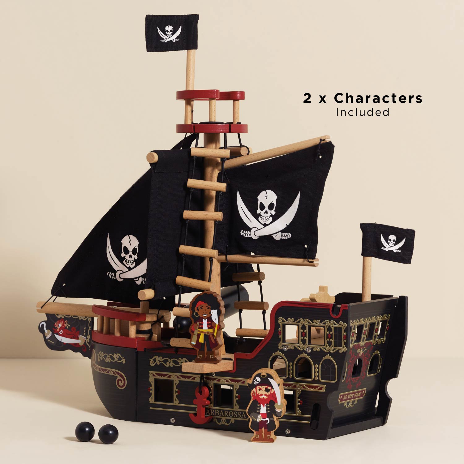 Pirate Ship Wooden Toy with Interactive Features