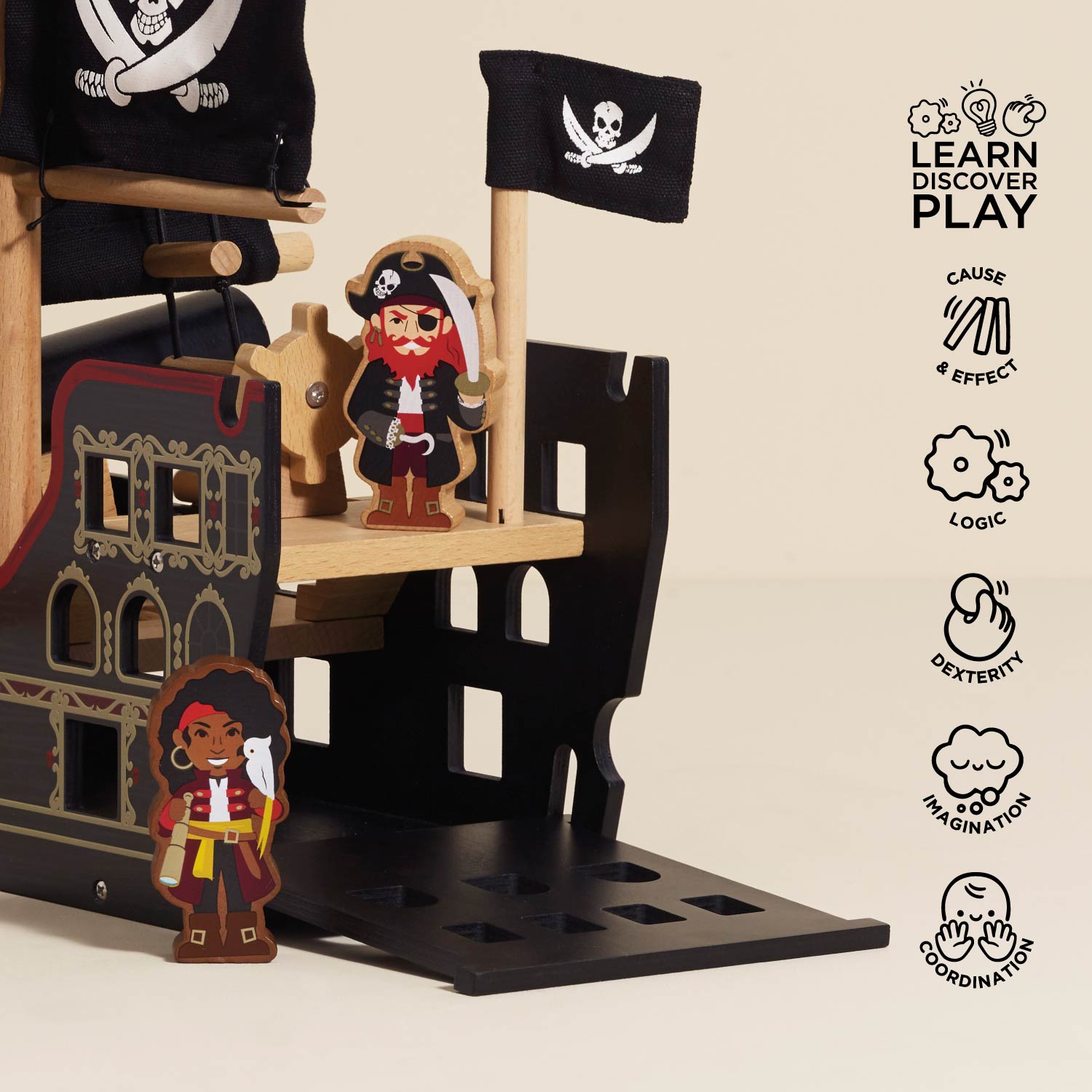 Pirate Ship Wooden Toy with Interactive Features