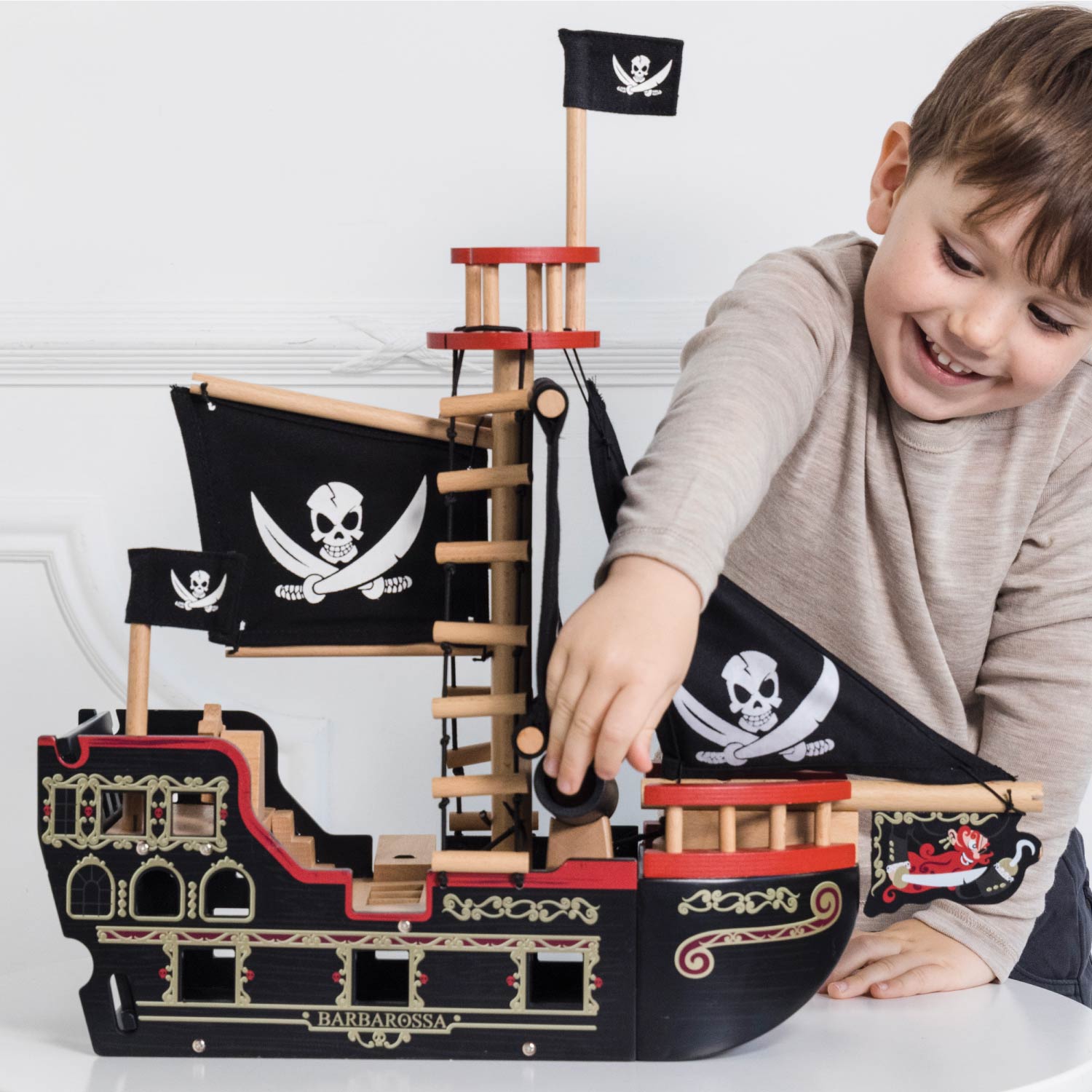 Pirate Ship Wooden Toy with Interactive Features