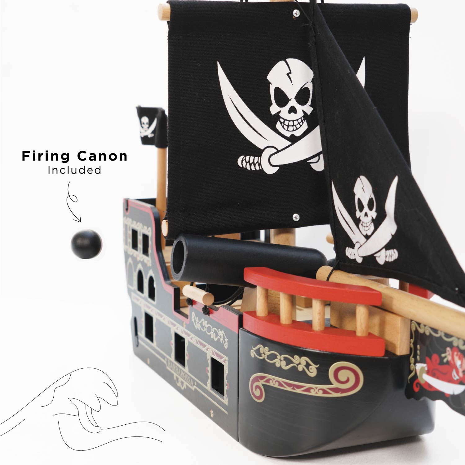 Pirate Ship Wooden Toy with Interactive Features