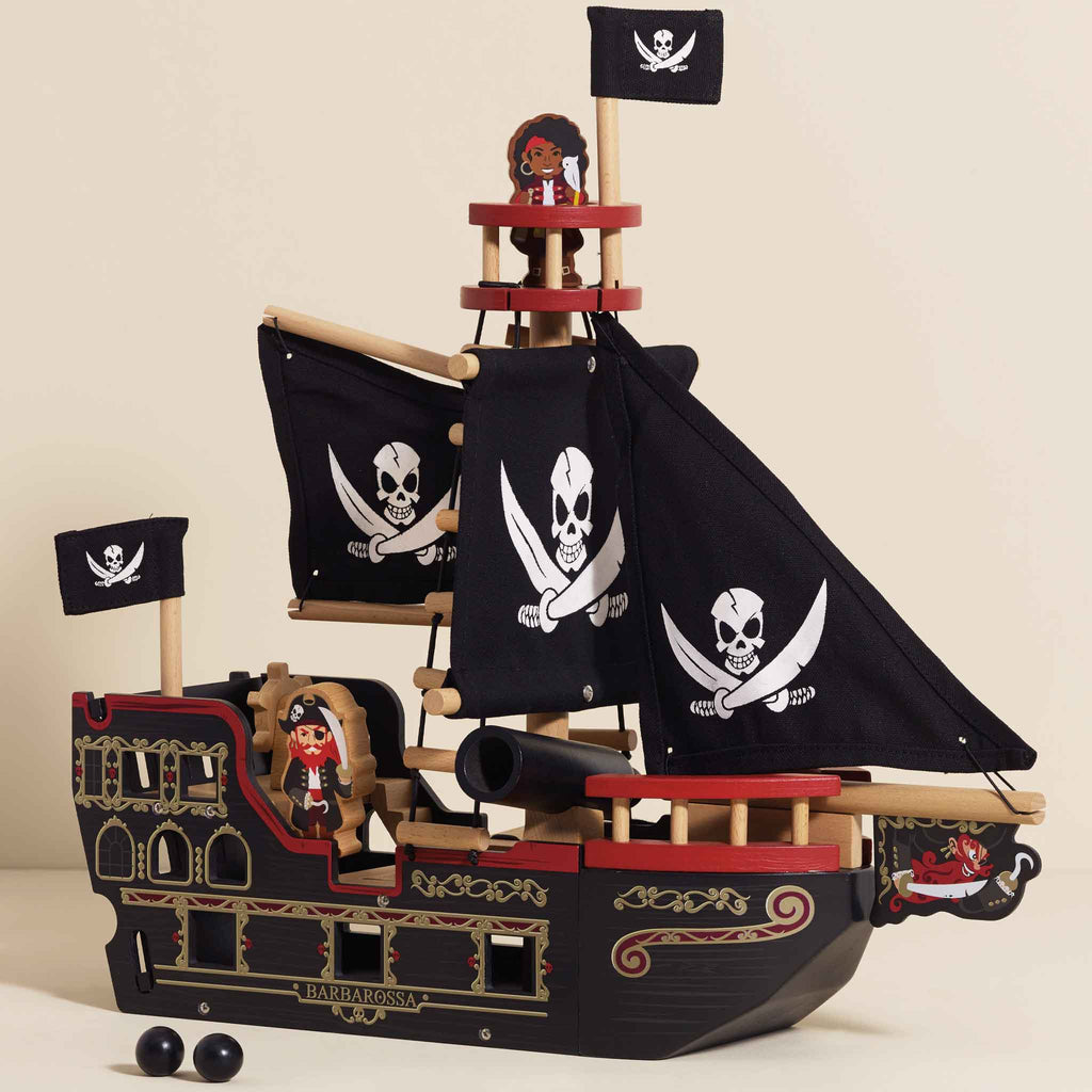 Pirate Ship Wooden Toy with Interactive Features