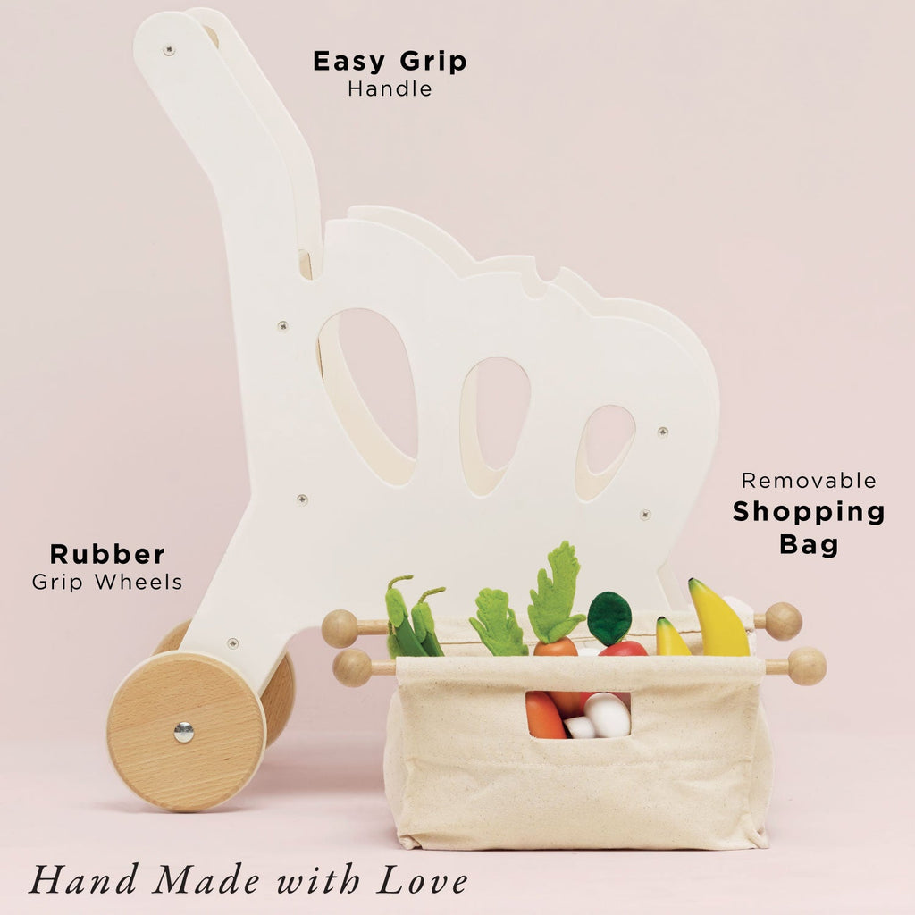 Wooden Shopping Trolley with Fabric Bag and Chalkboard