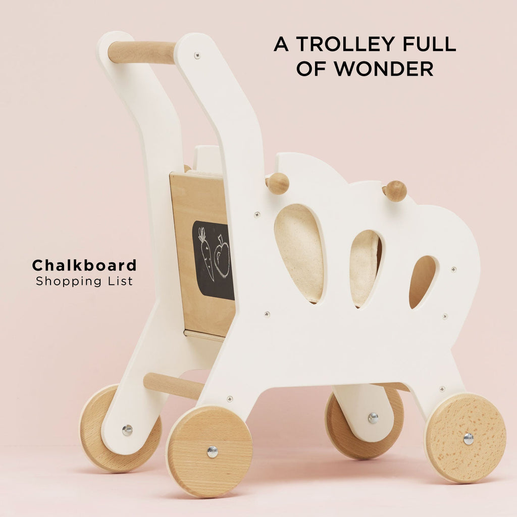 Wooden Shopping Trolley with Fabric Bag and Chalkboard