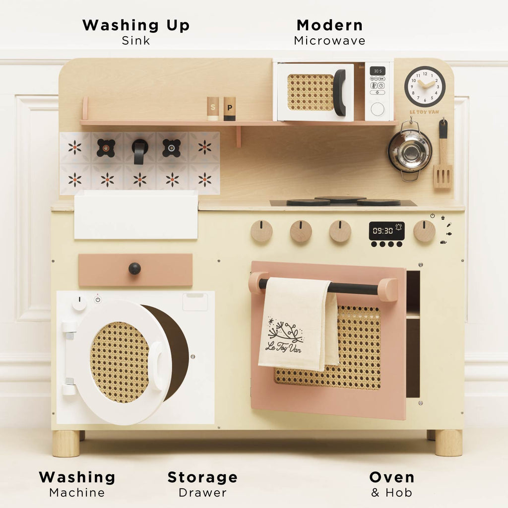 Rattan Wooden Play Kitchen with Accessories