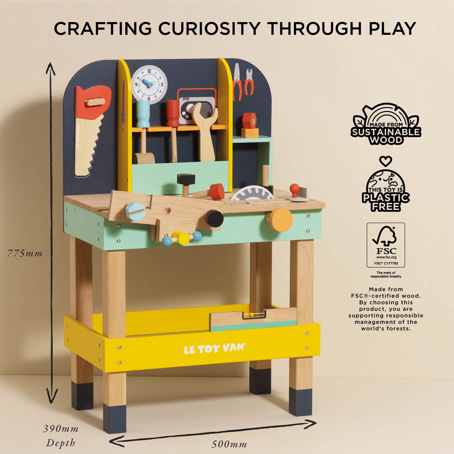 Toy Work Bench with 12 Wooden Accessories