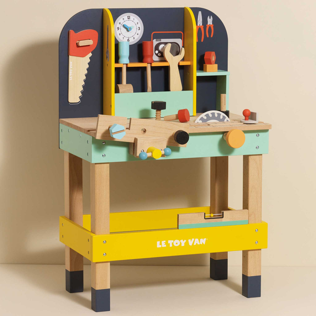 Toy Work Bench with 12 Wooden Accessories