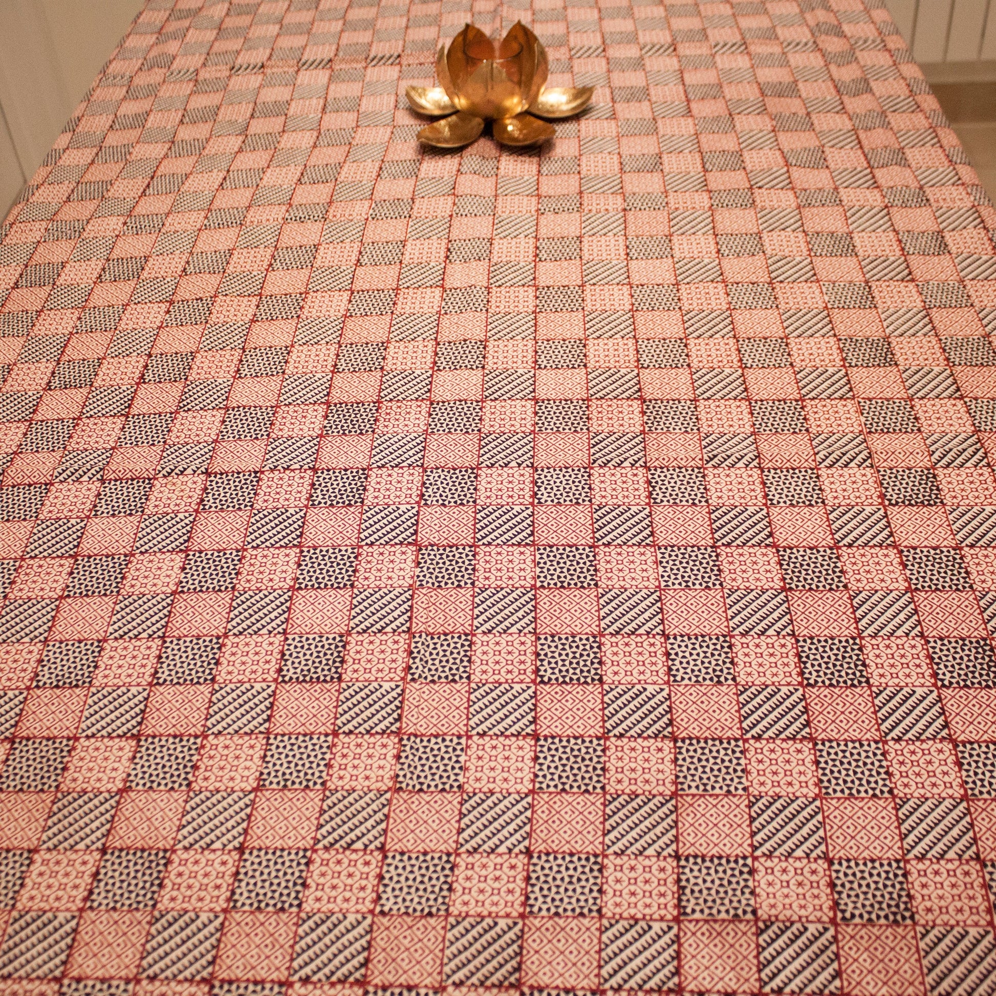 All Over Checks Mix Hand-block Print Table Cloth - White Red