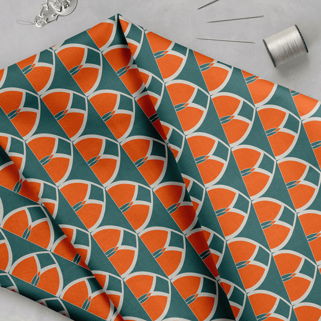 Teal and Orange Retro Geometric Cotton Drill Fabric