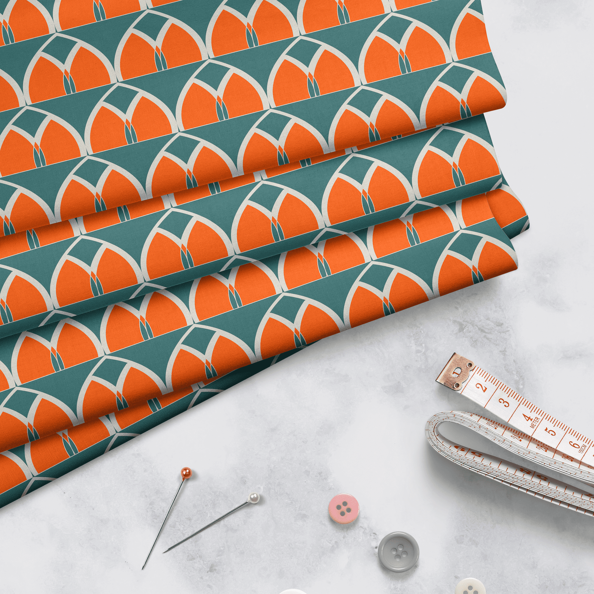 Teal and Orange Retro Geometric Cotton Drill Fabric