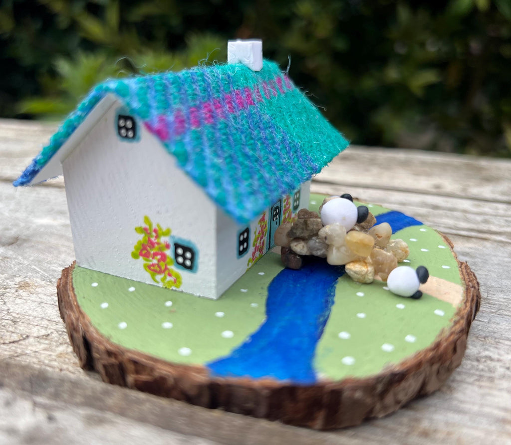 Teal and Pink Harris Tweed Miniature Scottish Bothy with Sheep