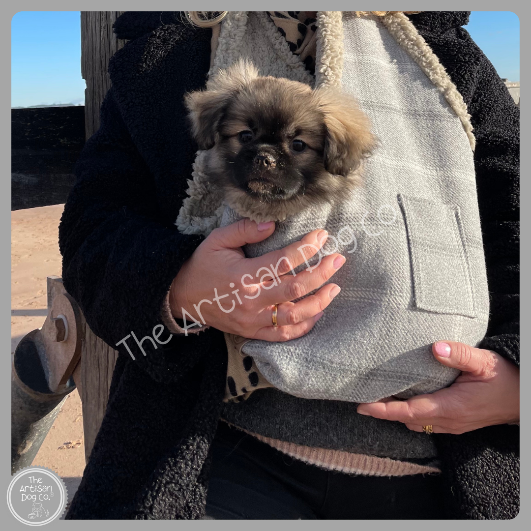 Handcrafted Luxury Puppy and Small Dog Carrier Sling in Harris Grey Check