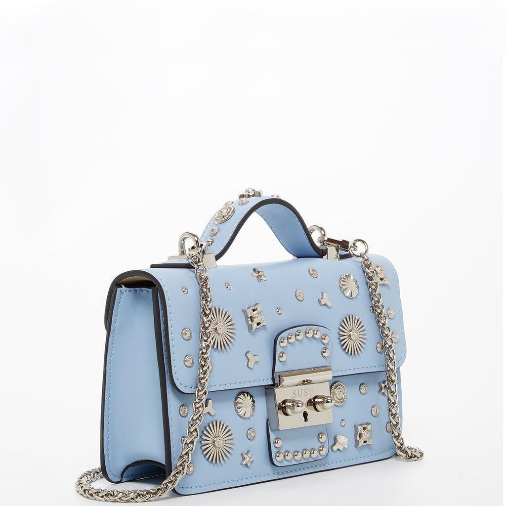 Small Sky Blue Leather Crossbody Bag with Studded Silver Hardware