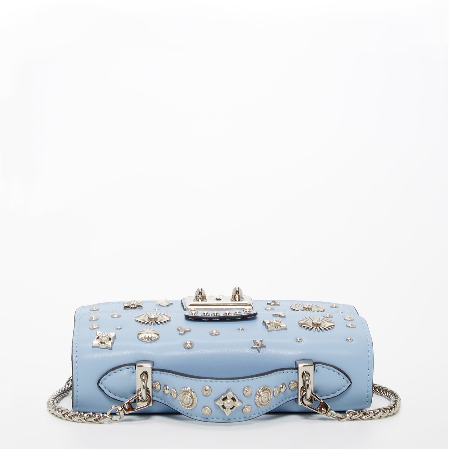 Small Sky Blue Leather Crossbody Bag with Studded Silver Hardware