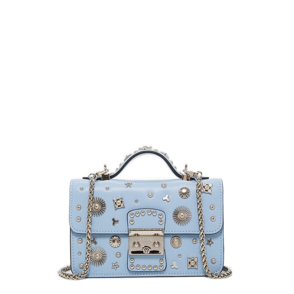 Small Sky Blue Leather Crossbody Bag with Studded Silver Hardware
