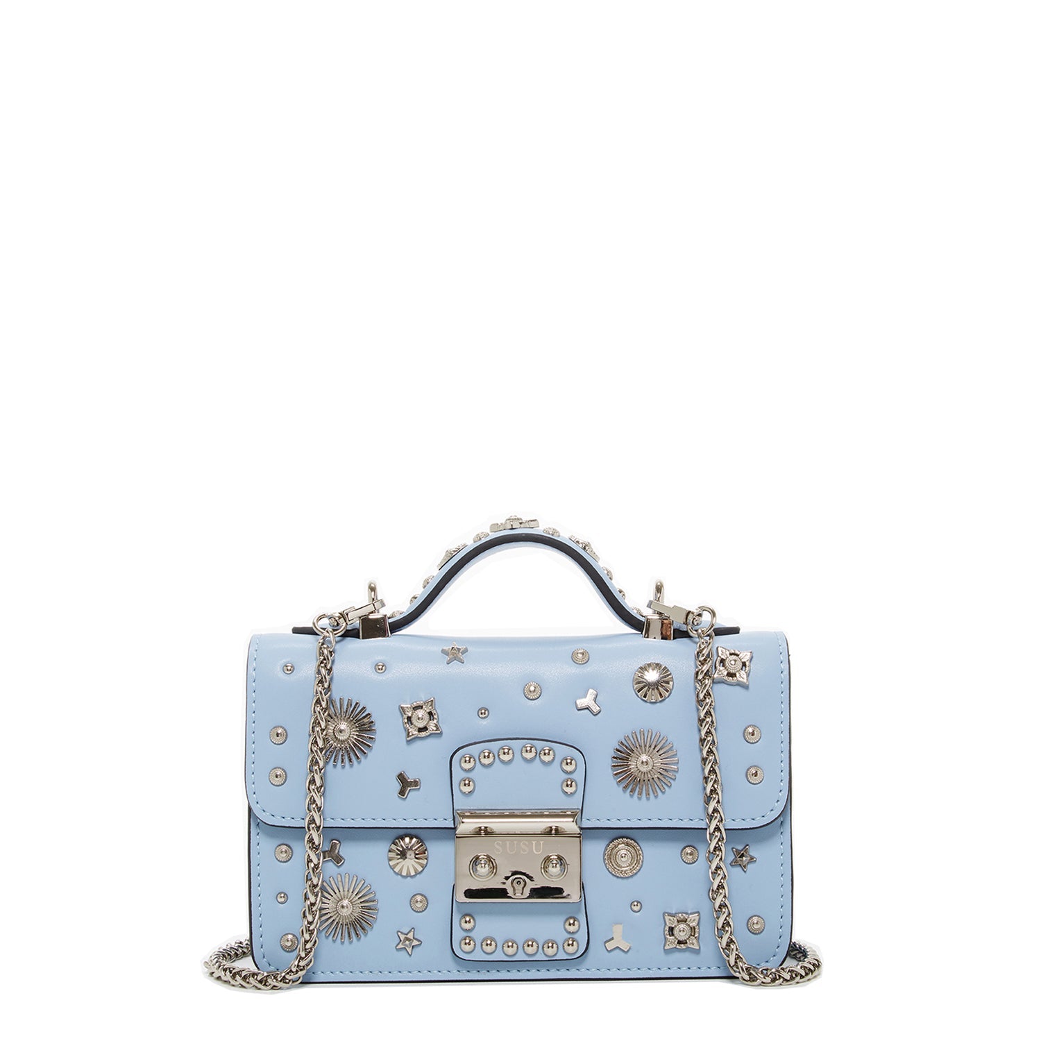 Small Sky Blue Leather Crossbody Bag with Studded Silver Hardware