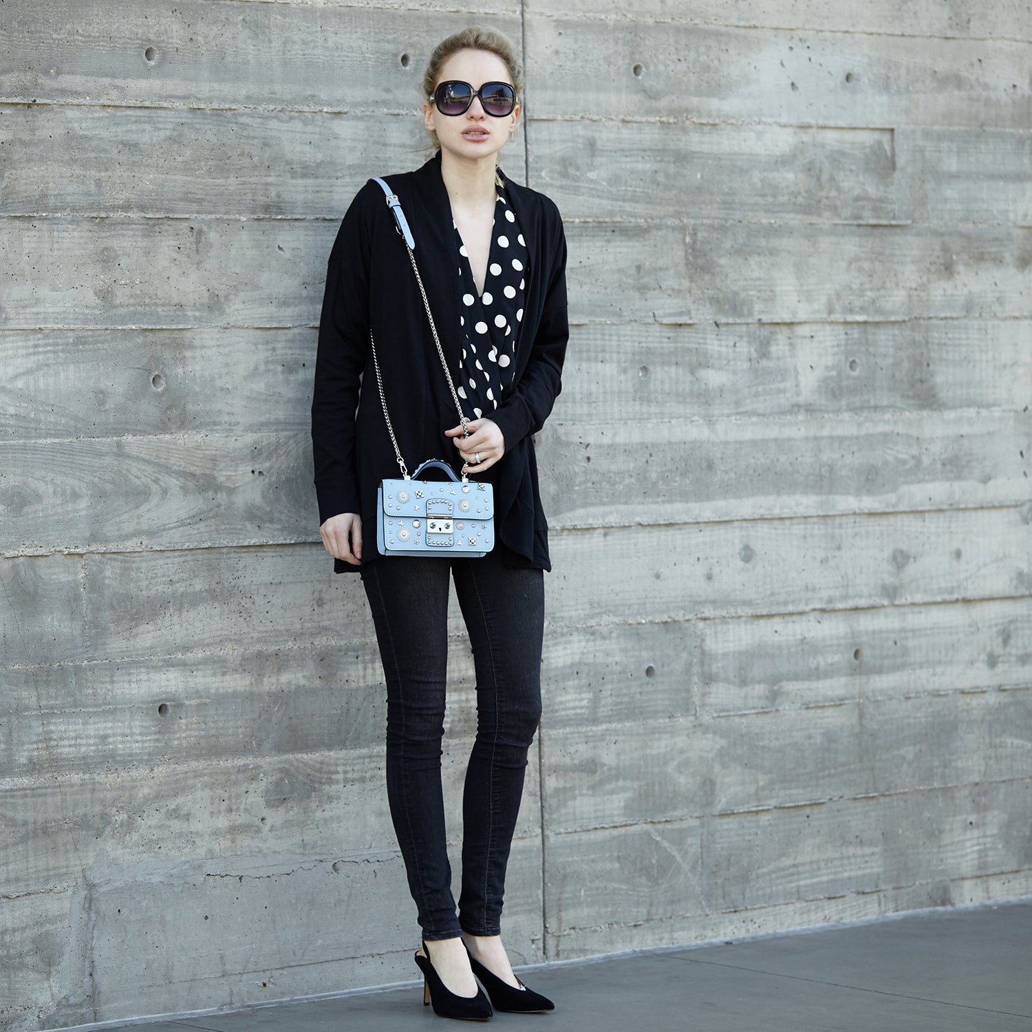 Small Sky Blue Leather Crossbody Bag with Studded Silver Hardware